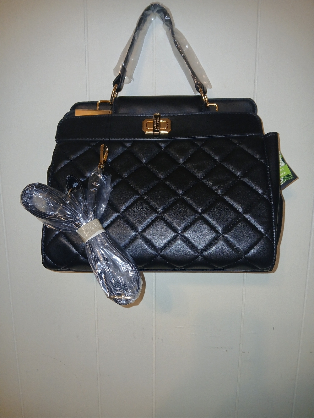Badgley Mischka Quilted Top-Handle Black Satchel Bag